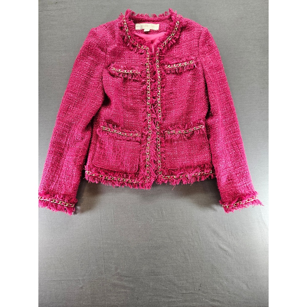 Boston Proper Magenta Pink Tweed Blazer Gold Chain Trim Frayed Edge Jacket Sz 2